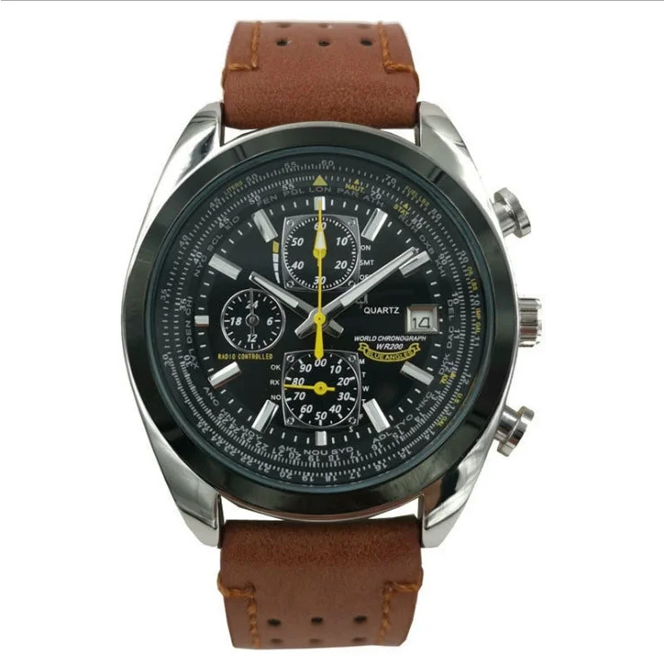 Brown leather black dial watch Elegant Men s