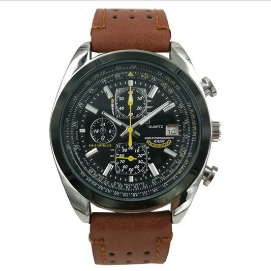 Brown leather black dial watch Elegant Men s