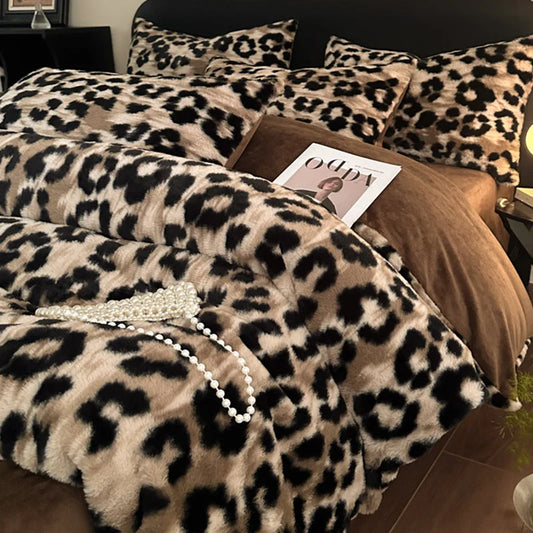 Brown leopard-print Luxury Winter Faux Rabbit Fur Bedding