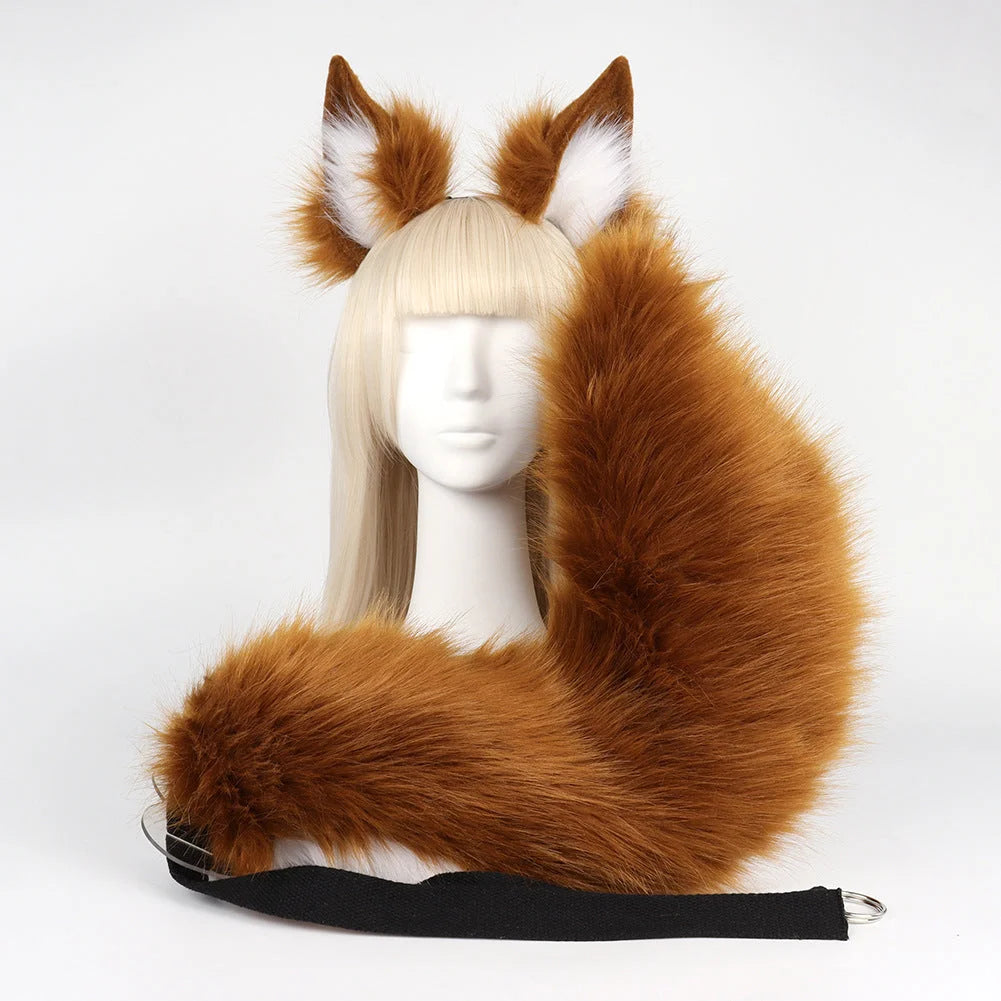 Brown Plush Faux Fur Fox Ears Headband and Tail Set