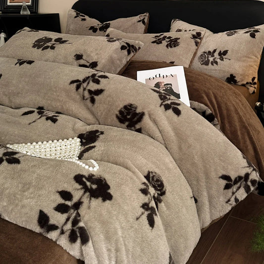 Brown Rose Motifs Luxury Winter Faux Rabbit Fur Bedding Set