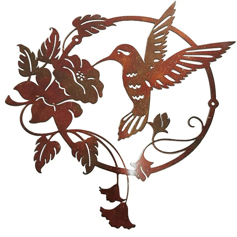Brown Set of 2 Round Metal Wall Art - Hummingbird & Flower