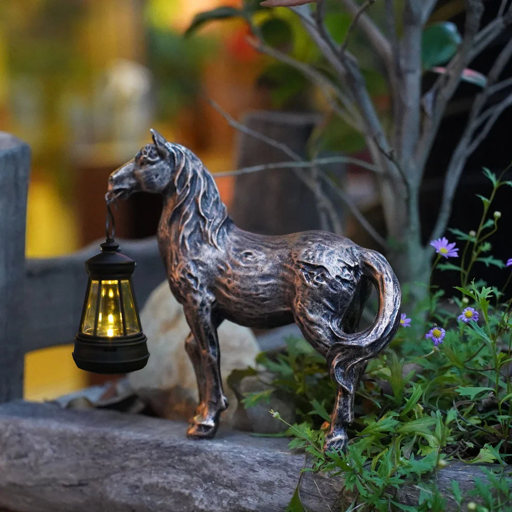 Brown Solar-Powered Horse Statue with LED Lantern - Rustic