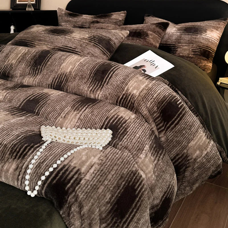 Brown Stripe Luxury Winter Faux Rabbit Fur Bedding Set
