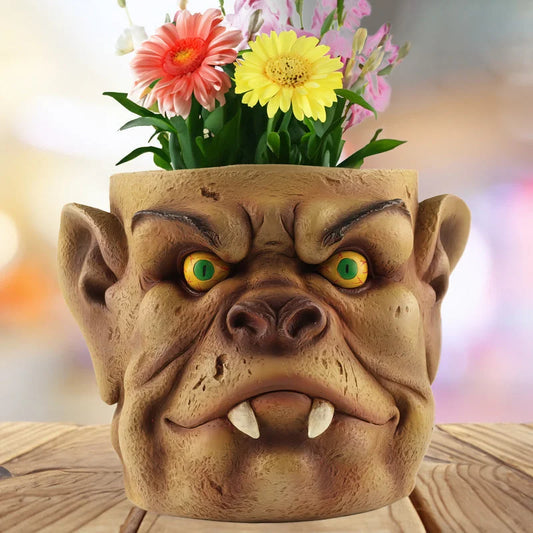 Brown Unique Goblin Head Planter Pot Resin Monster