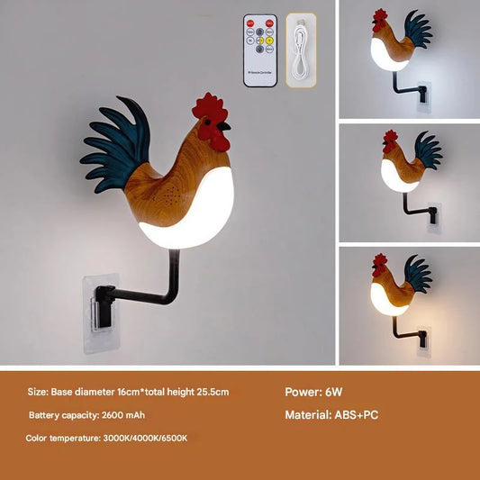 Brown USB Rechargeable Rooster Wall Lamp with Sound