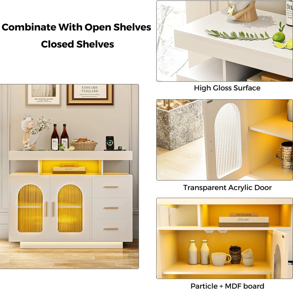Buffet Sideboard Cabinet With RGB LED Light and Charging