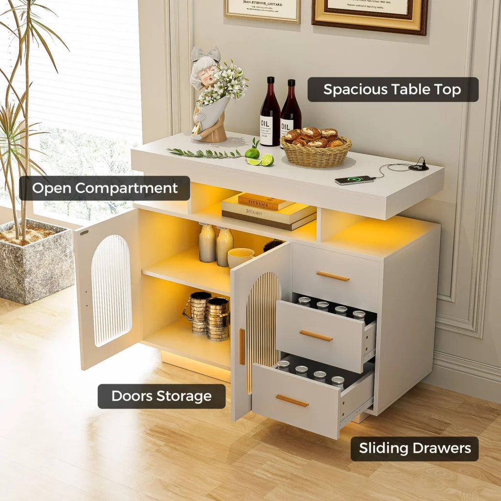 Buffet Sideboard Cabinet With RGB LED Light and Charging