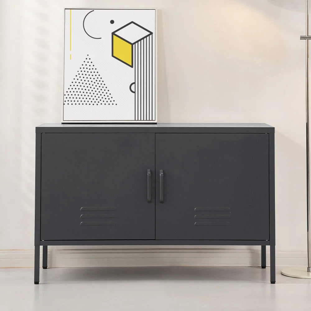 Charcoal metal storage cabinet with shelves and cupboard storage layout