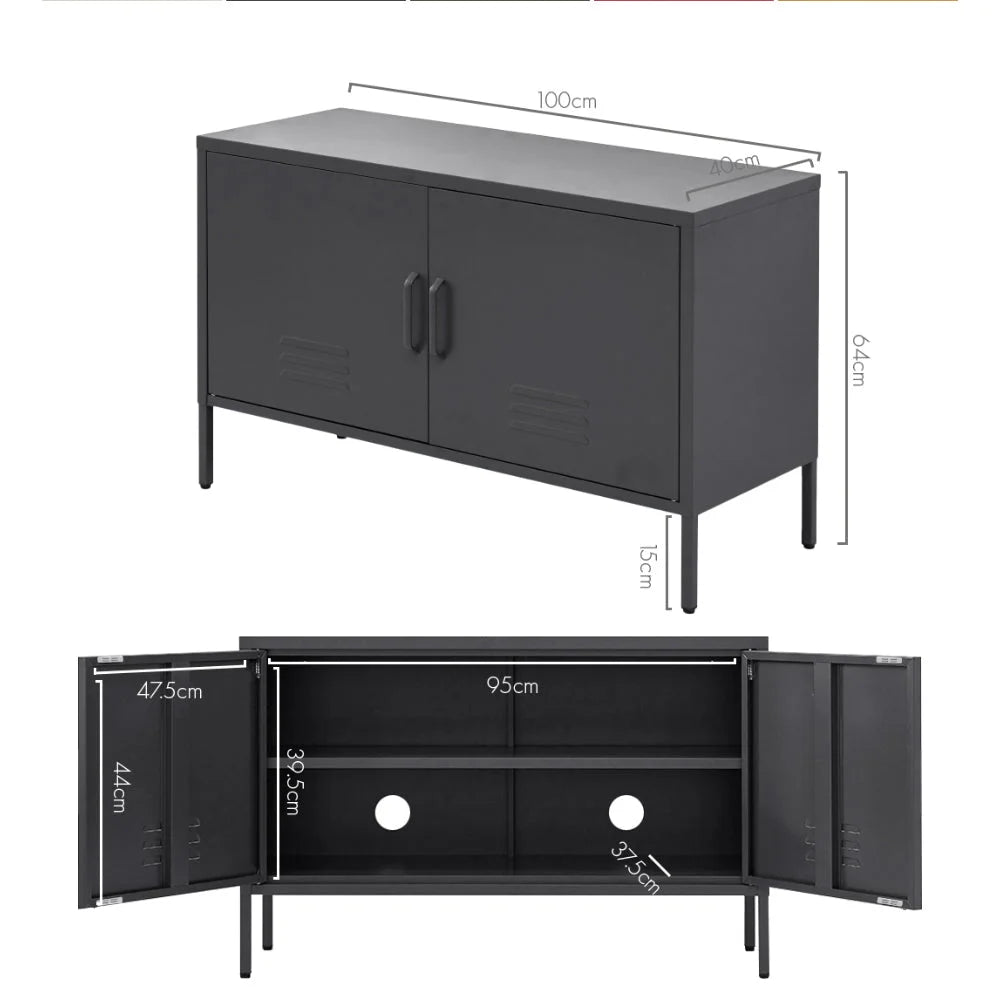Charcoal metal storage cabinet with multiple compartments and lock mechanism