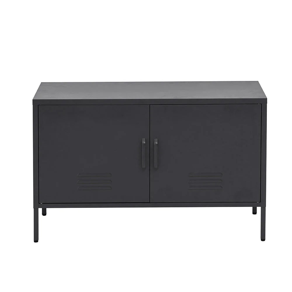 Charcoal metal storage cabinet with slim storage layout and glass door