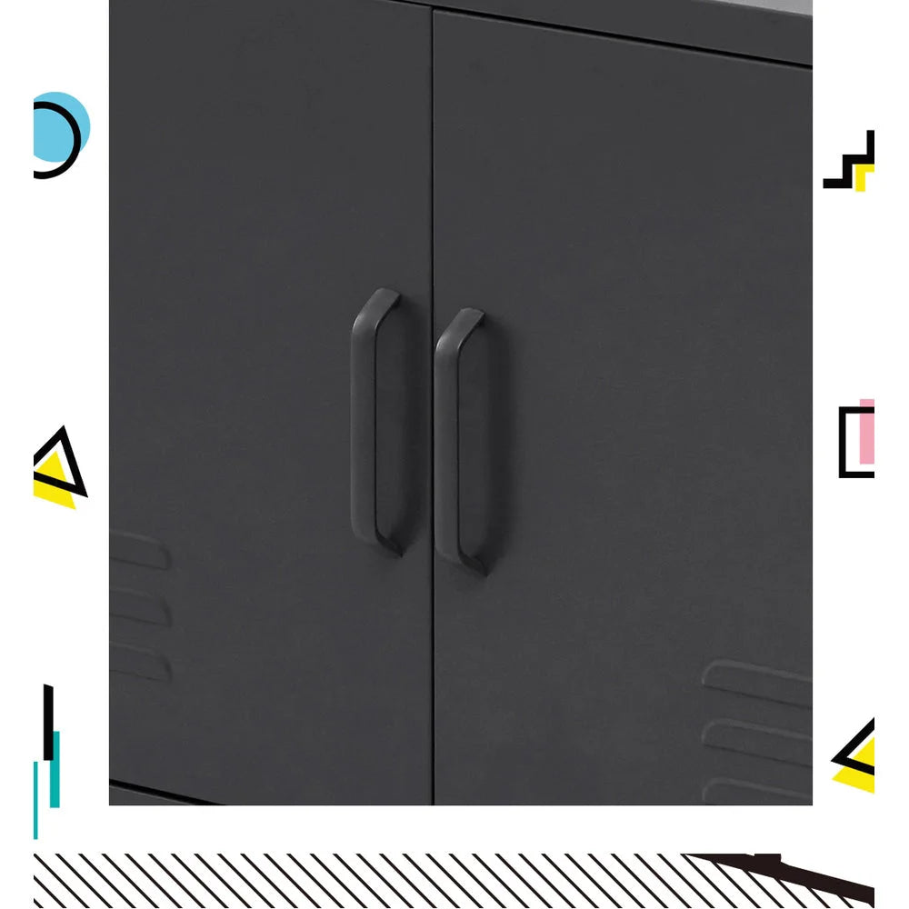 Charcoal metal storage cabinet with handles and internal shelves