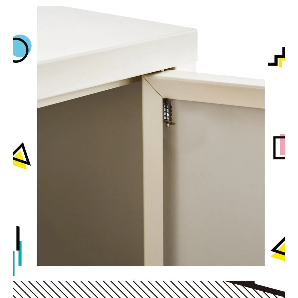 White metal storage cabinet with shelves and cupboard storage layout