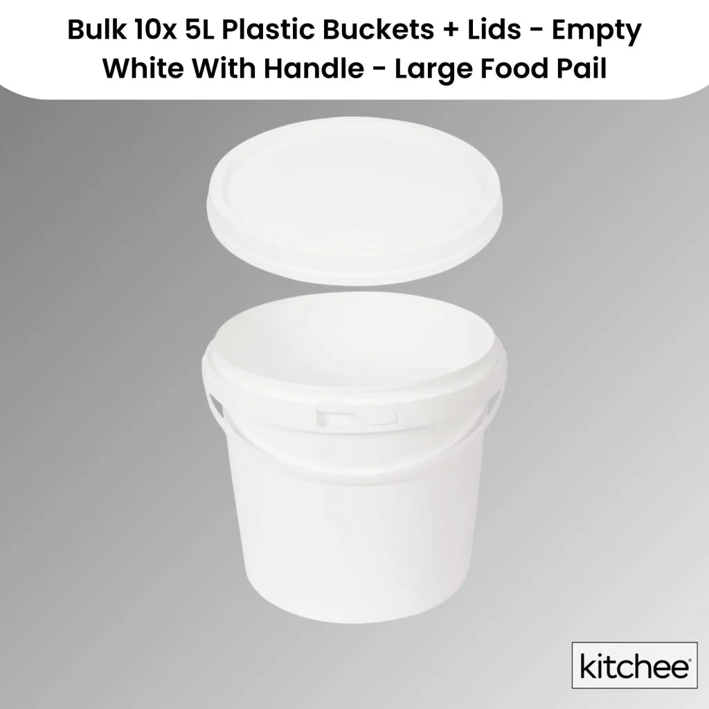 Bulk 10x 5L Plastic Buckets with Lids - Empty White