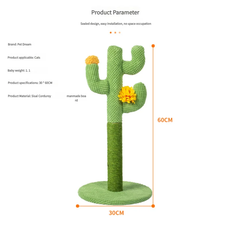 Cactus-Shaped Cat Scratching Post with Sisal Rope and Plush Chenille