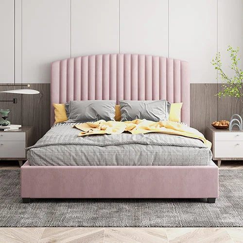 Camelia Bed Frame Queen Size Pink Velvet Upholstery High