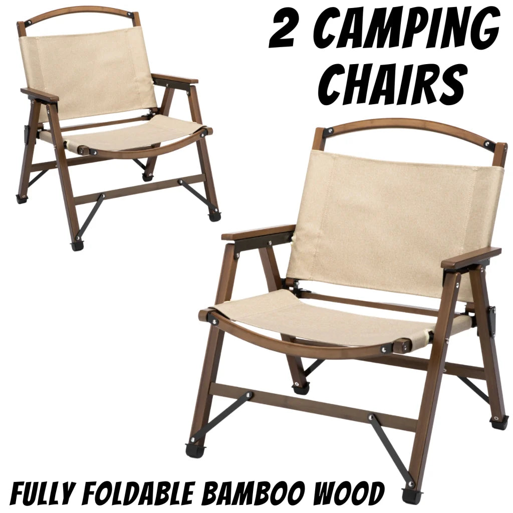 Camping Chairs Set of 2 Bamboo Foldable Outdoor Wooden
