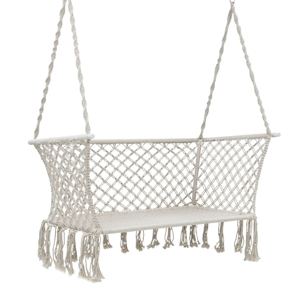 Cream swing chair with padded seat and support frame