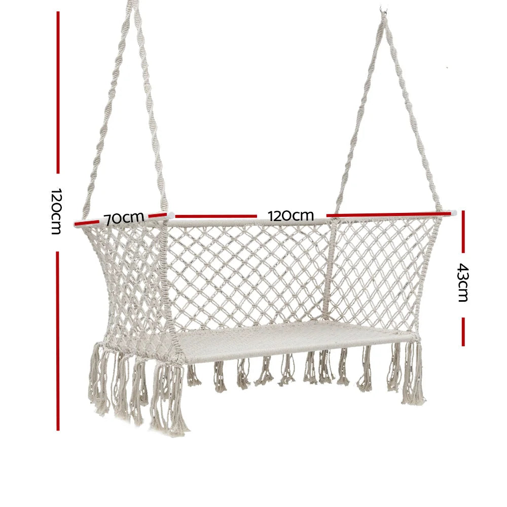 Cream swing chair with hanging seat and stand supports