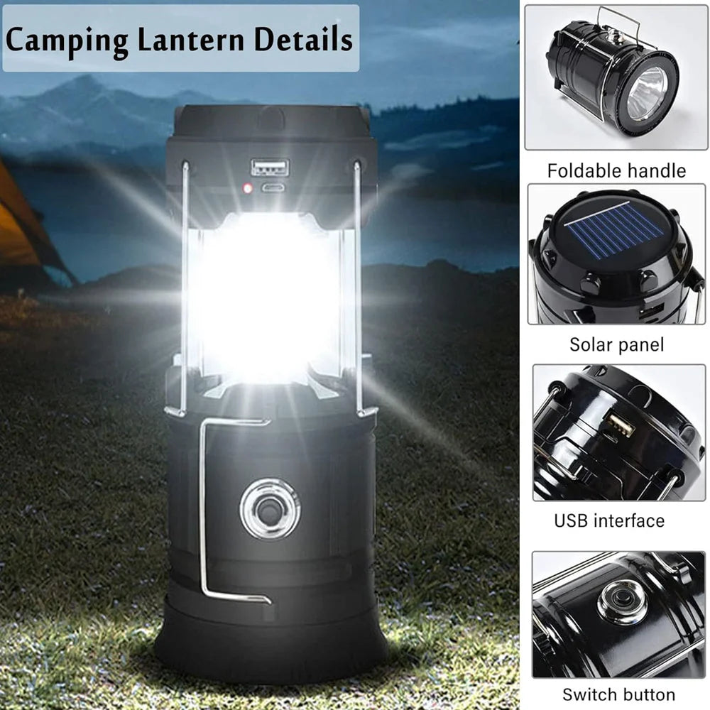 Camping Lamp LED Solar Powered Rechargeable USB Torch