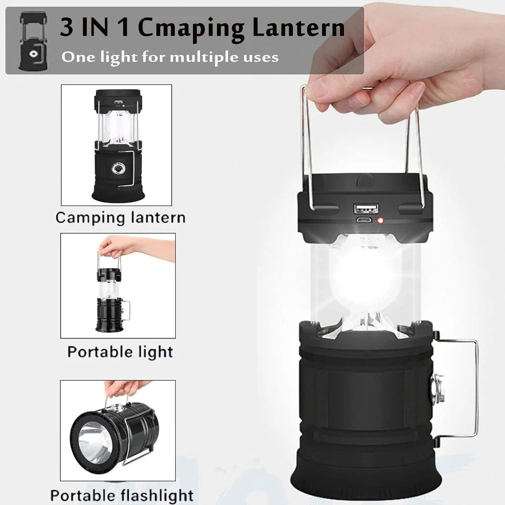 Camping Lamp LED Solar Powered Rechargeable USB Torch
