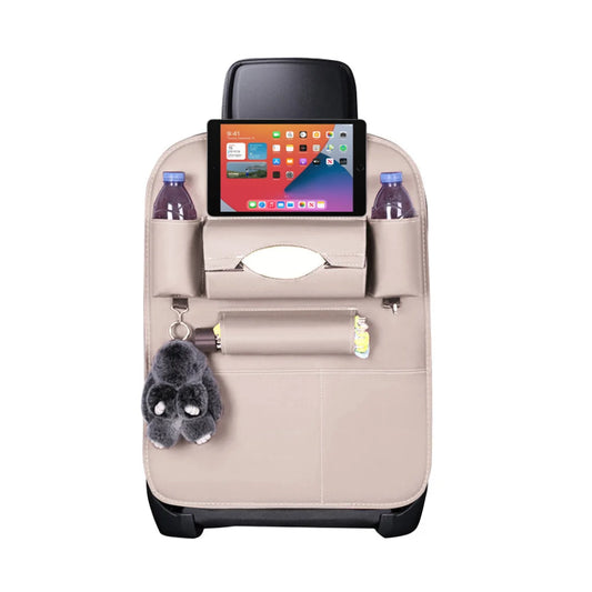 Car Back Seat Storage Bag Premium PVC Leather Multi-Pocket Organizer with iPad Mini Holder - White