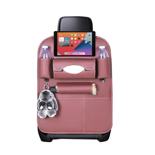 Car Back Seat Storage Bag Premium PVC Leather Multi-Pocket Organizer with iPad Mini Holder - Coffee
