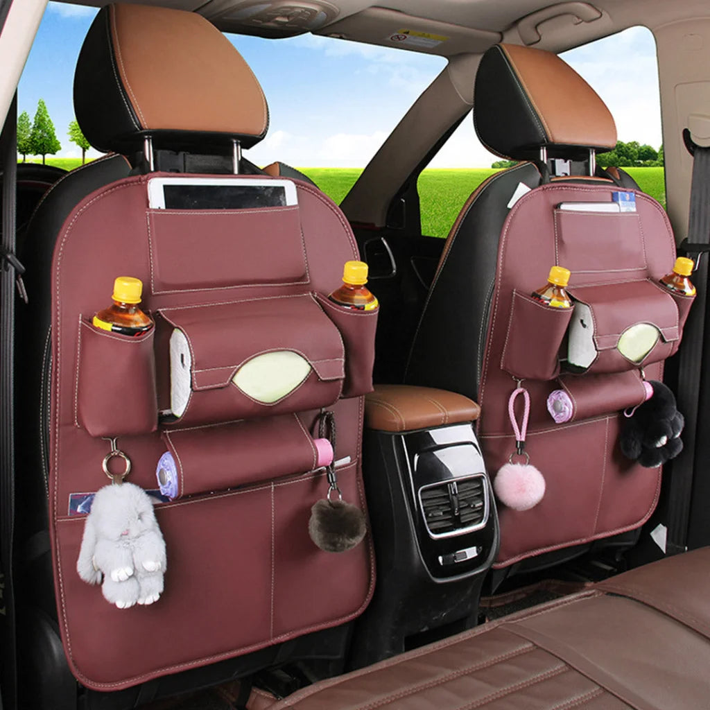 Car Back Seat Storage Bag Premium PVC Leather Multi-Pocket Organizer with iPad Mini Holder - Coffee