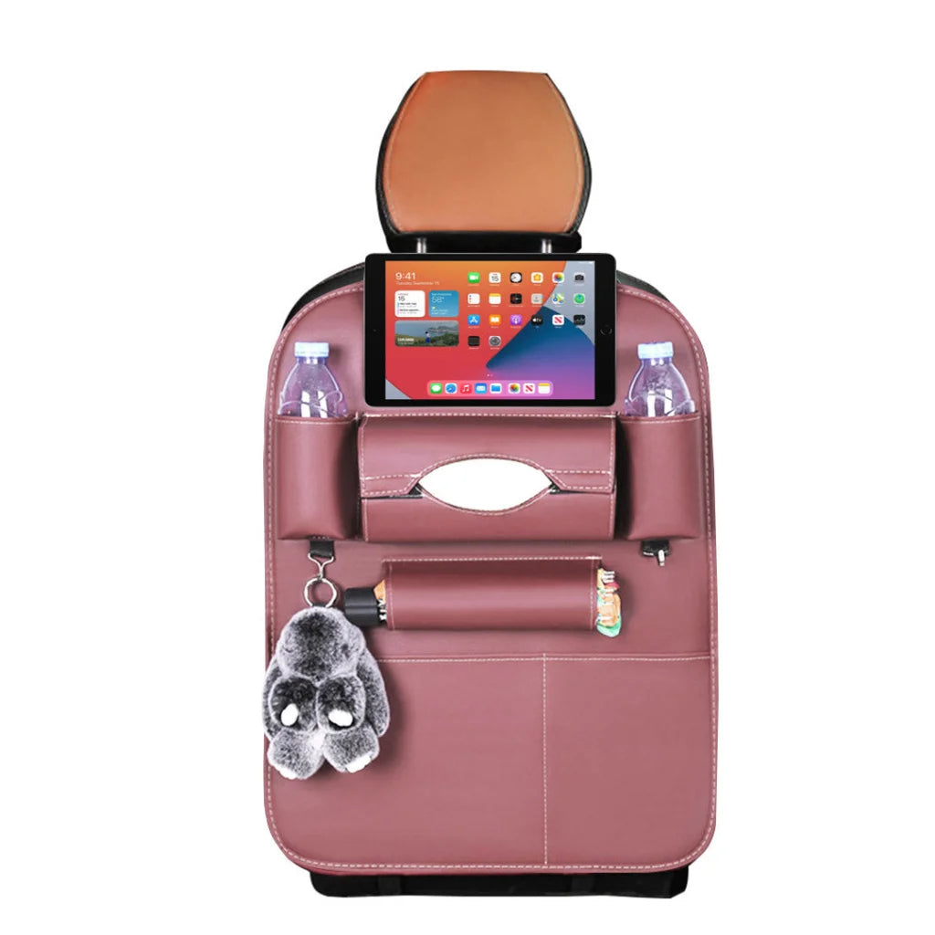 Car Back Seat Storage Bag Premium PVC Leather Multi-Pocket Organizer with iPad Mini Holder - Coffee