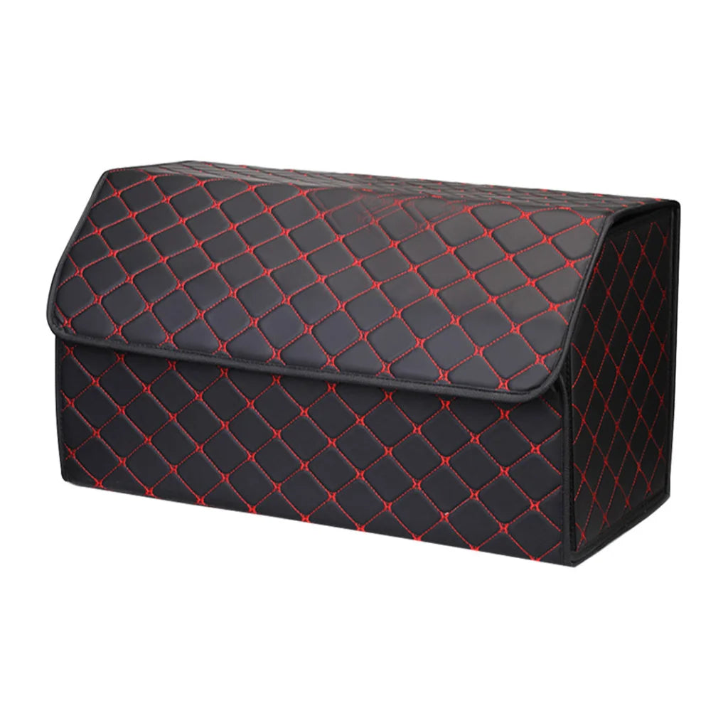Car Boot Organizer Leather Collapsible Foldable Trunk Cargo Storage Box - Black/Red Stitch Large
