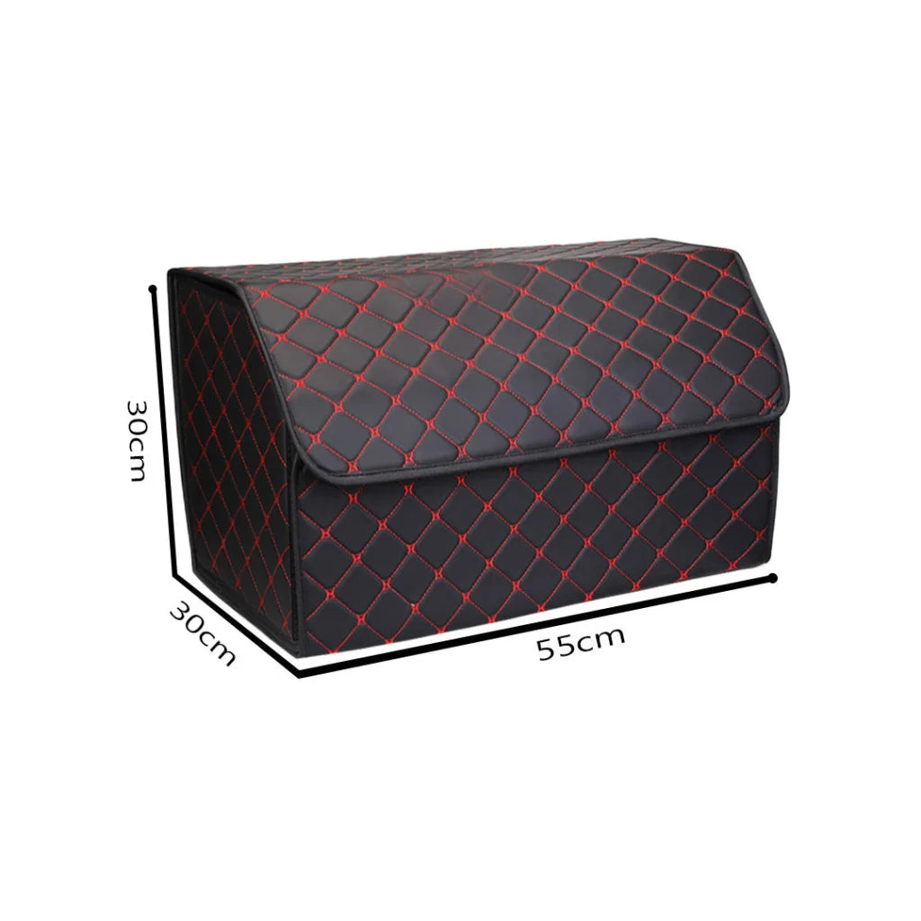 Car Boot Organizer Leather Collapsible Foldable Trunk Cargo Storage Box - Black/Red Stitch Large