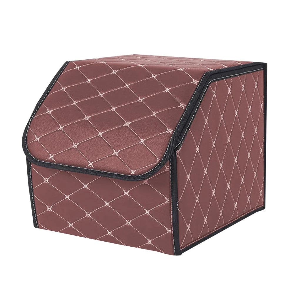 Car Boot Organizer Premium Leather Collapsible Foldable Trunk Cargo Storage Box - Coffee/Gold Stitch Small