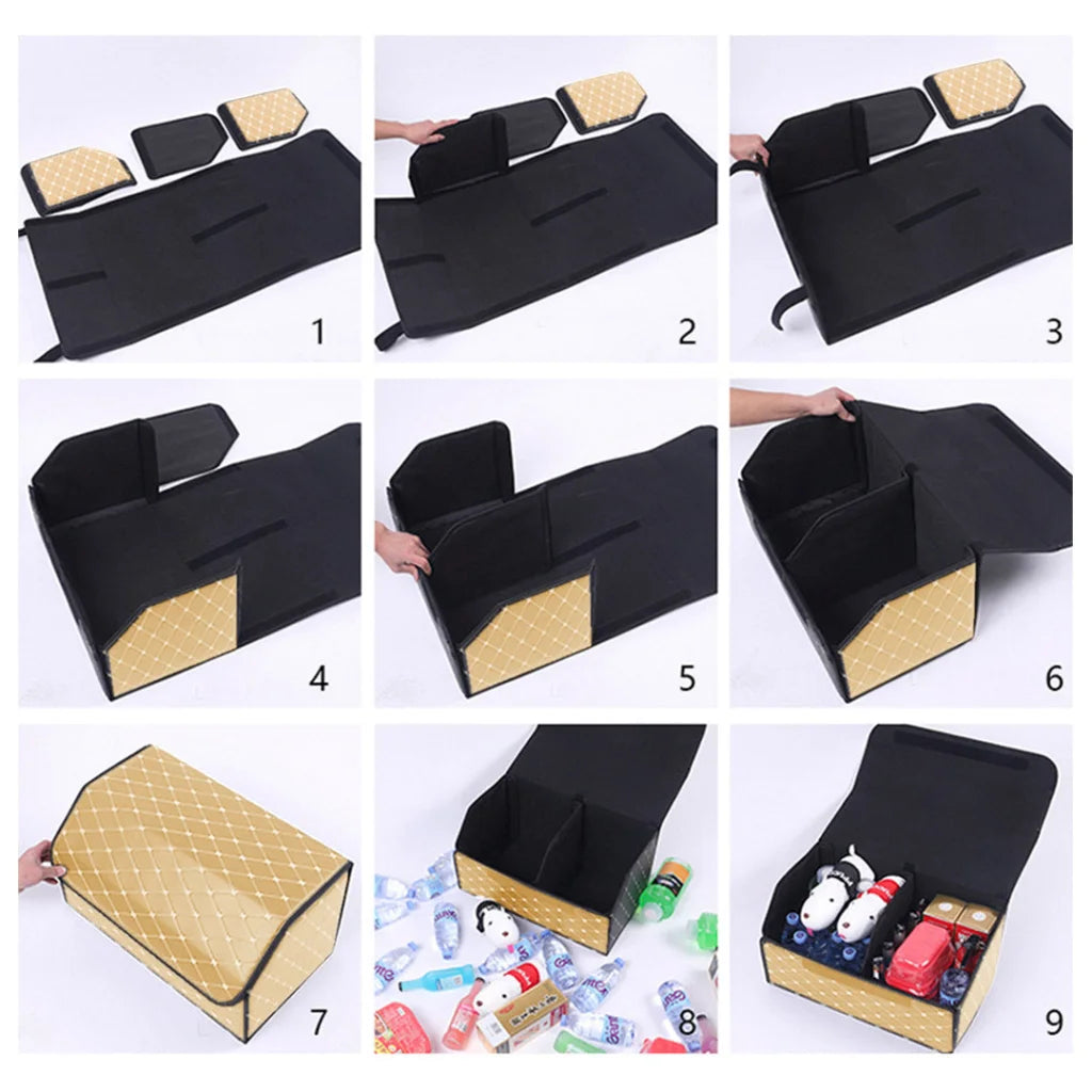 Car Boot Organizer Premium Leather Collapsible Foldable Trunk Cargo Storage Box - Beige/Gold Stitch Small