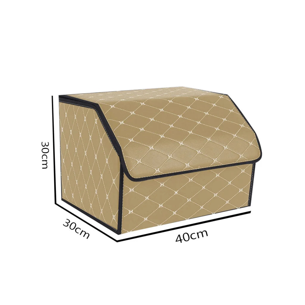 Car Boot Organizer Premium Leather Collapsible Foldable Trunk Cargo Storage Box - Beige/Gold Stitch Medium