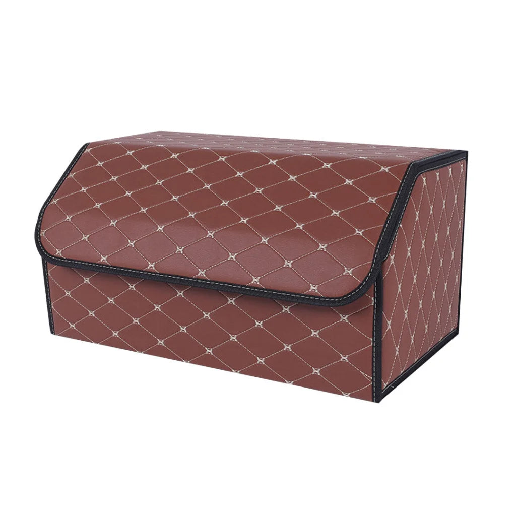 Car Boot Organizer Premium Leather Collapsible Foldable Trunk Cargo Storage Box - Coffee/Gold Stitch Large