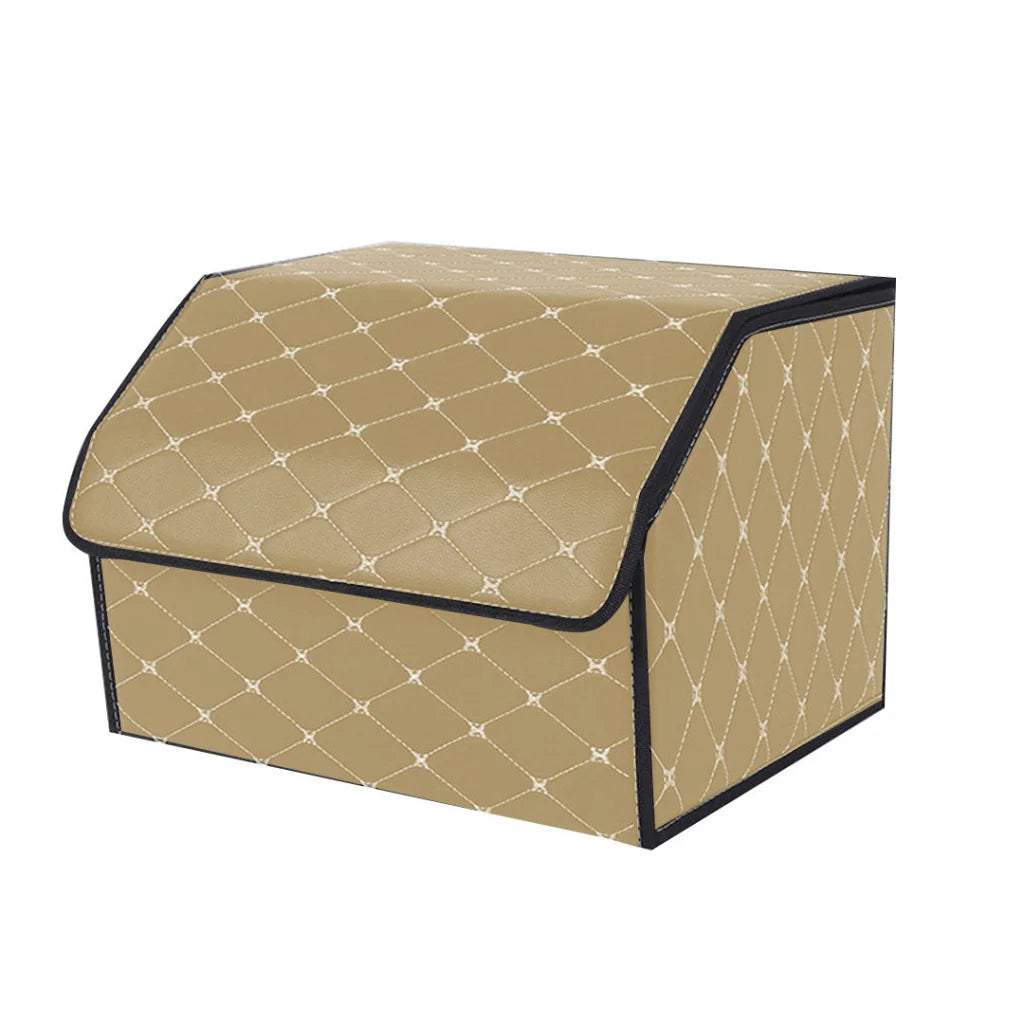 Car Boot Organizer Premium Leather Collapsible Foldable Trunk Cargo Storage Box - Beige/Gold Stitch Medium