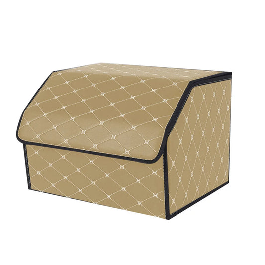 Car Boot Organizer Premium Leather Collapsible Foldable Trunk Cargo Storage Box - Beige/Gold Stitch Medium