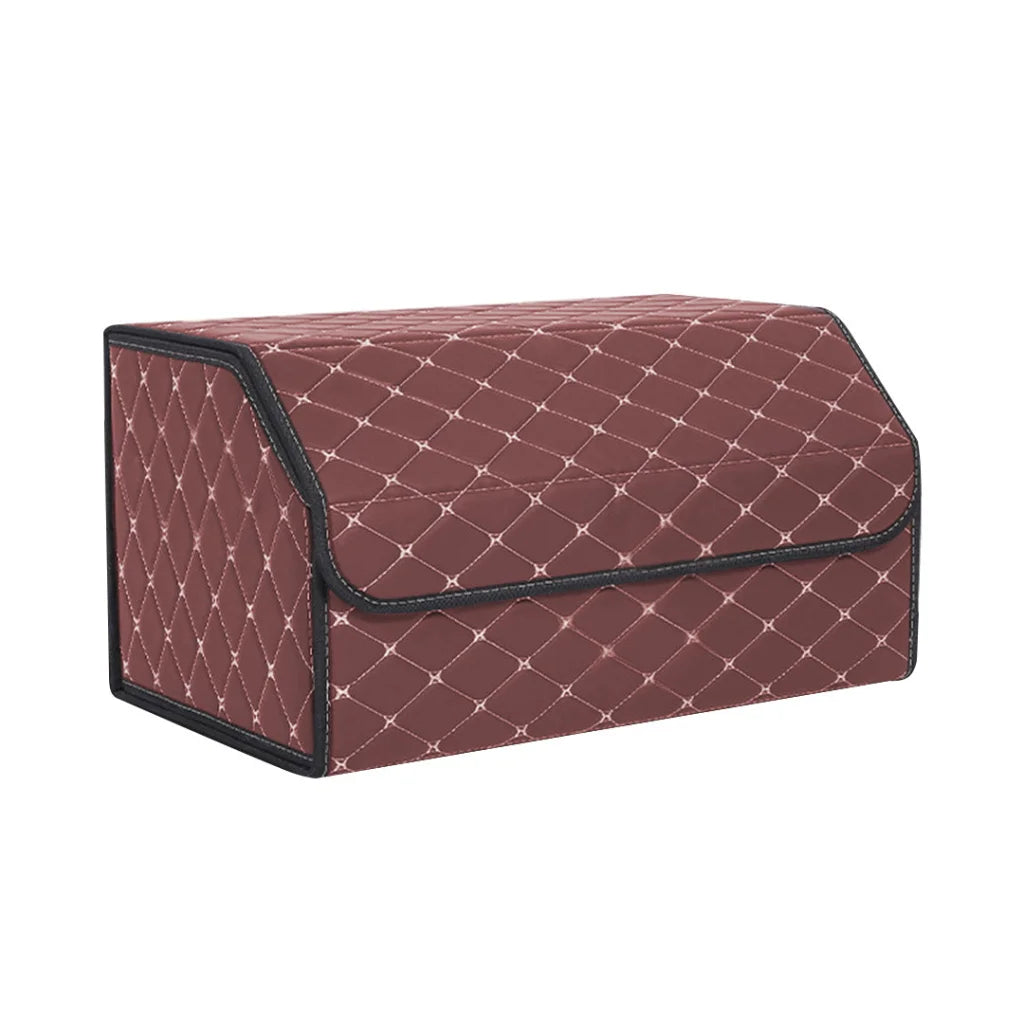 Car Boot Organizer Premium Leather Collapsible Foldable Trunk Cargo Storage Box - Coffee/Gold Stitch Large
