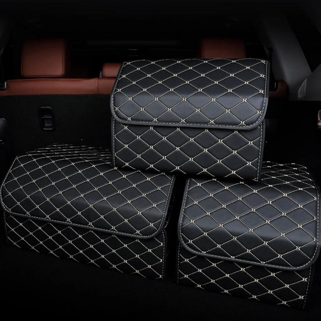Car Boot Organizer Premium Leather Collapsible Foldable Trunk Cargo Storage Box - Black/Gold Stitch Small