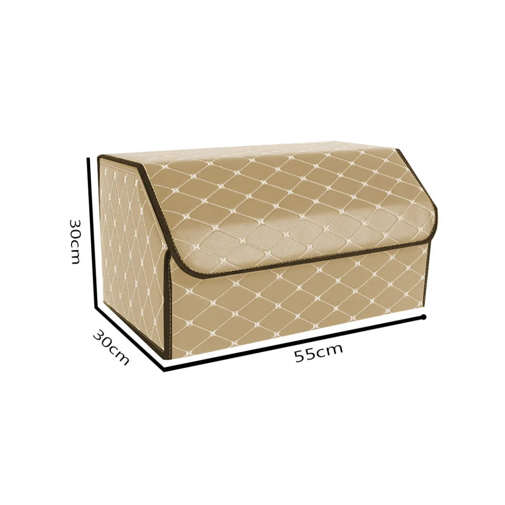 Car Boot Organizer Premium Leather Collapsible Foldable Trunk Cargo Storage Box - Beige/Gold Stitch Large