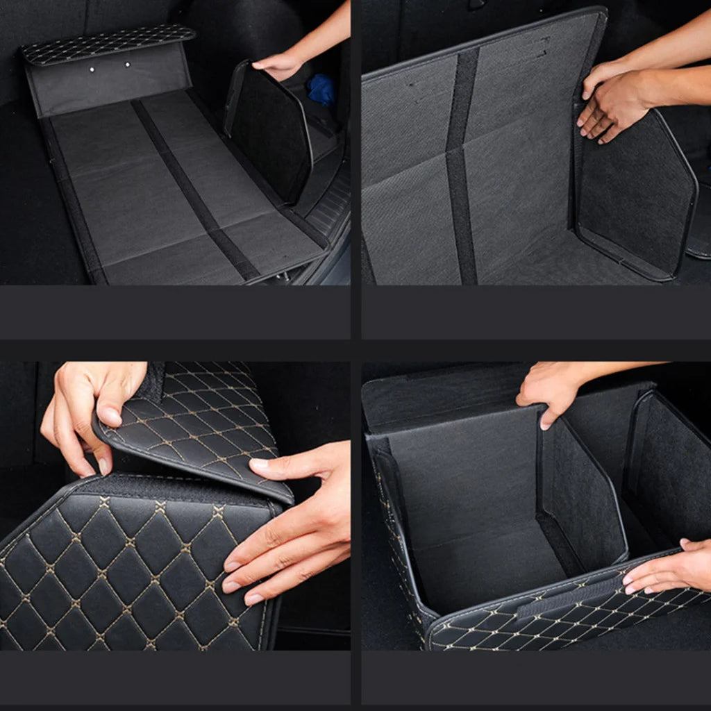 Car Boot Organizer Premium Leather Collapsible Foldable Trunk Cargo Storage Box - Black/Gold Stitch Small