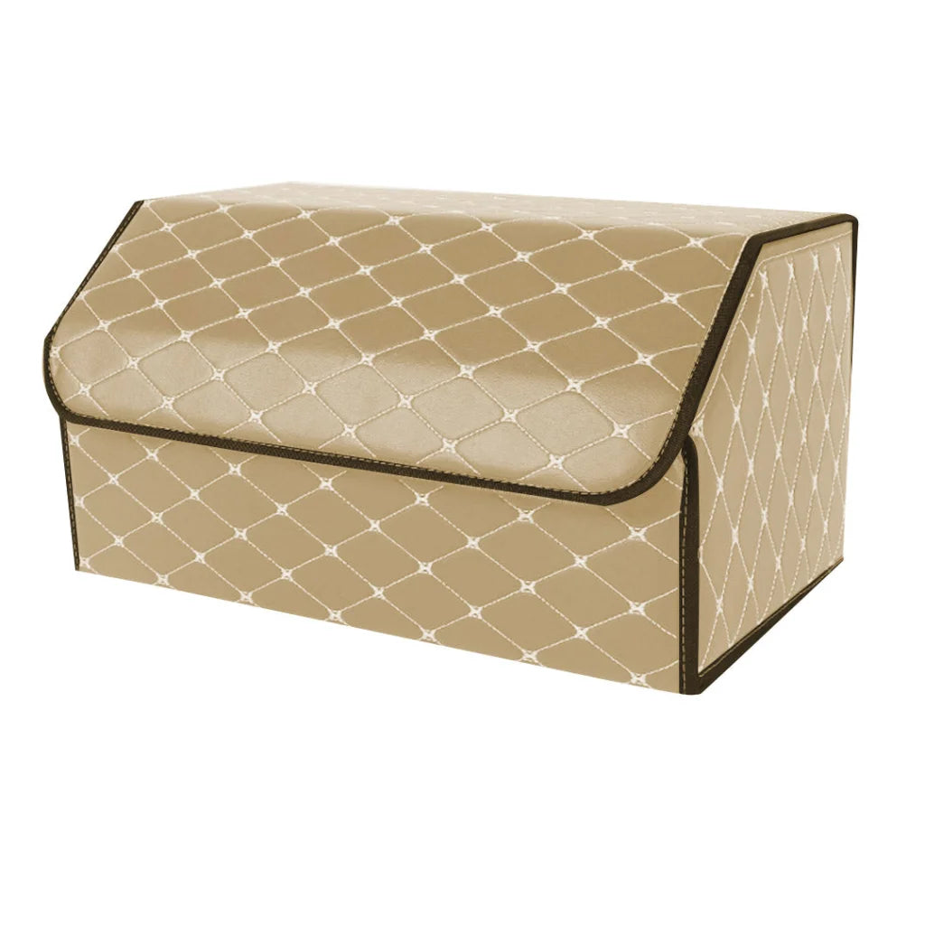 Car Boot Organizer Premium Leather Collapsible Foldable Trunk Cargo Storage Box - Beige/Gold Stitch Large
