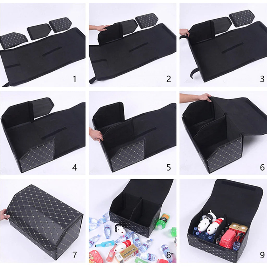 Car Boot Organizer Premium Leather Collapsible Foldable Trunk Cargo Storage Box - Black/Gold Stitch Small
