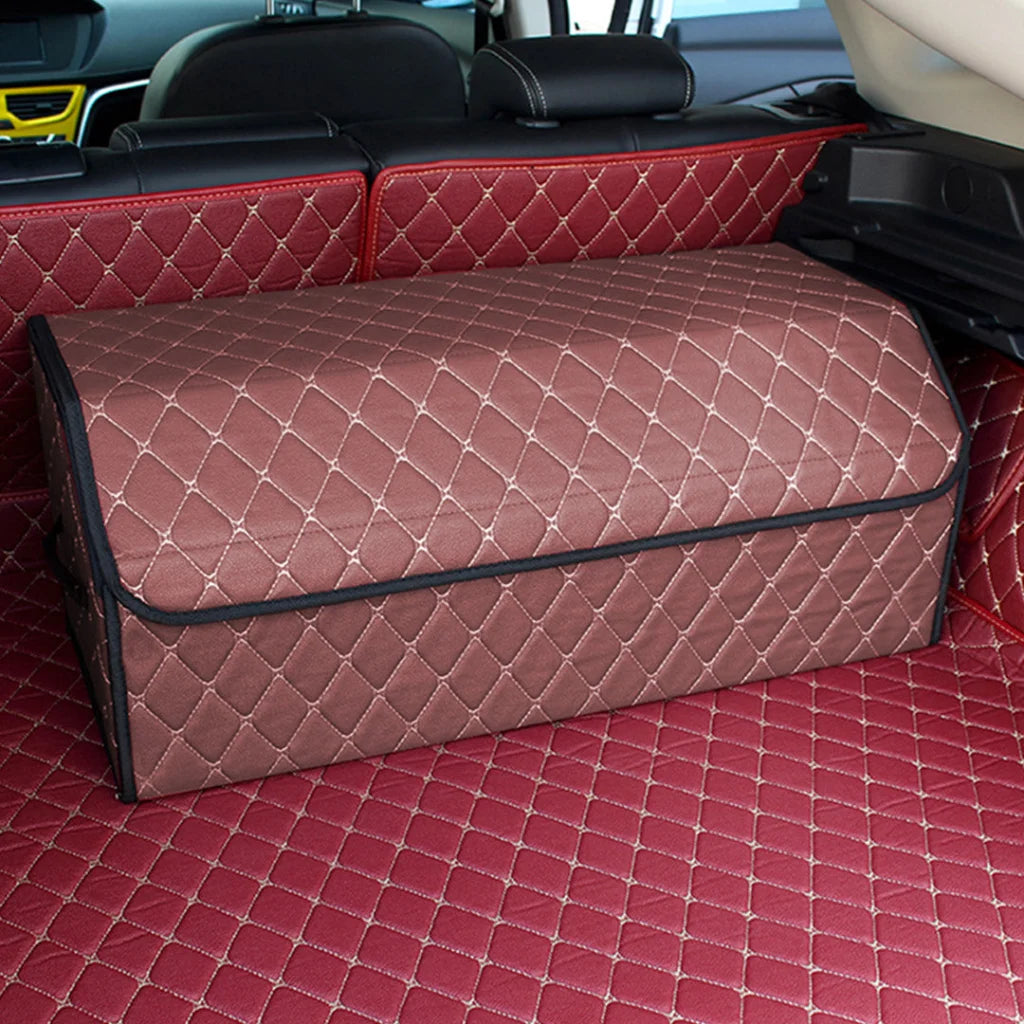 Car Boot Organizer Premium Leather Collapsible Foldable Trunk Cargo Storage Box - Coffee/Gold Stitch Large