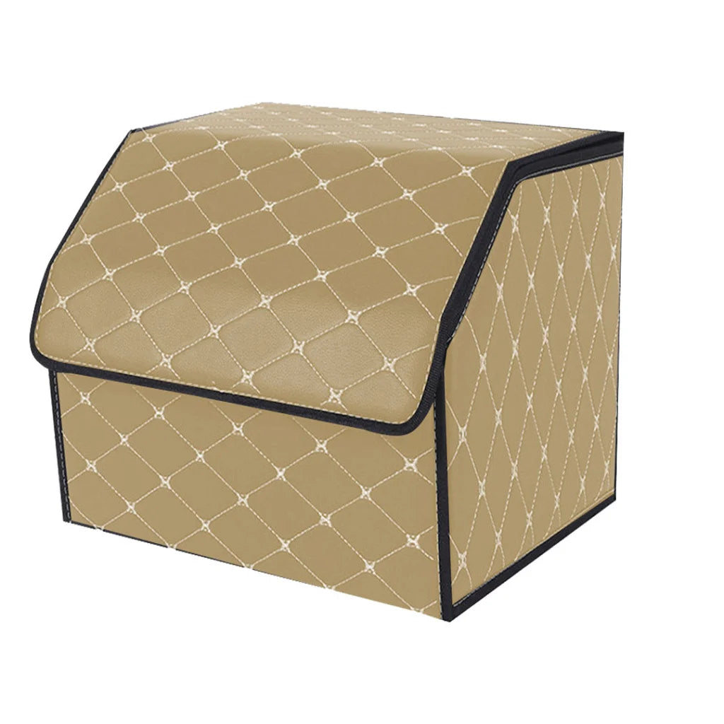 Car Boot Organizer Premium Leather Collapsible Foldable Trunk Cargo Storage Box - Beige/Gold Stitch Small