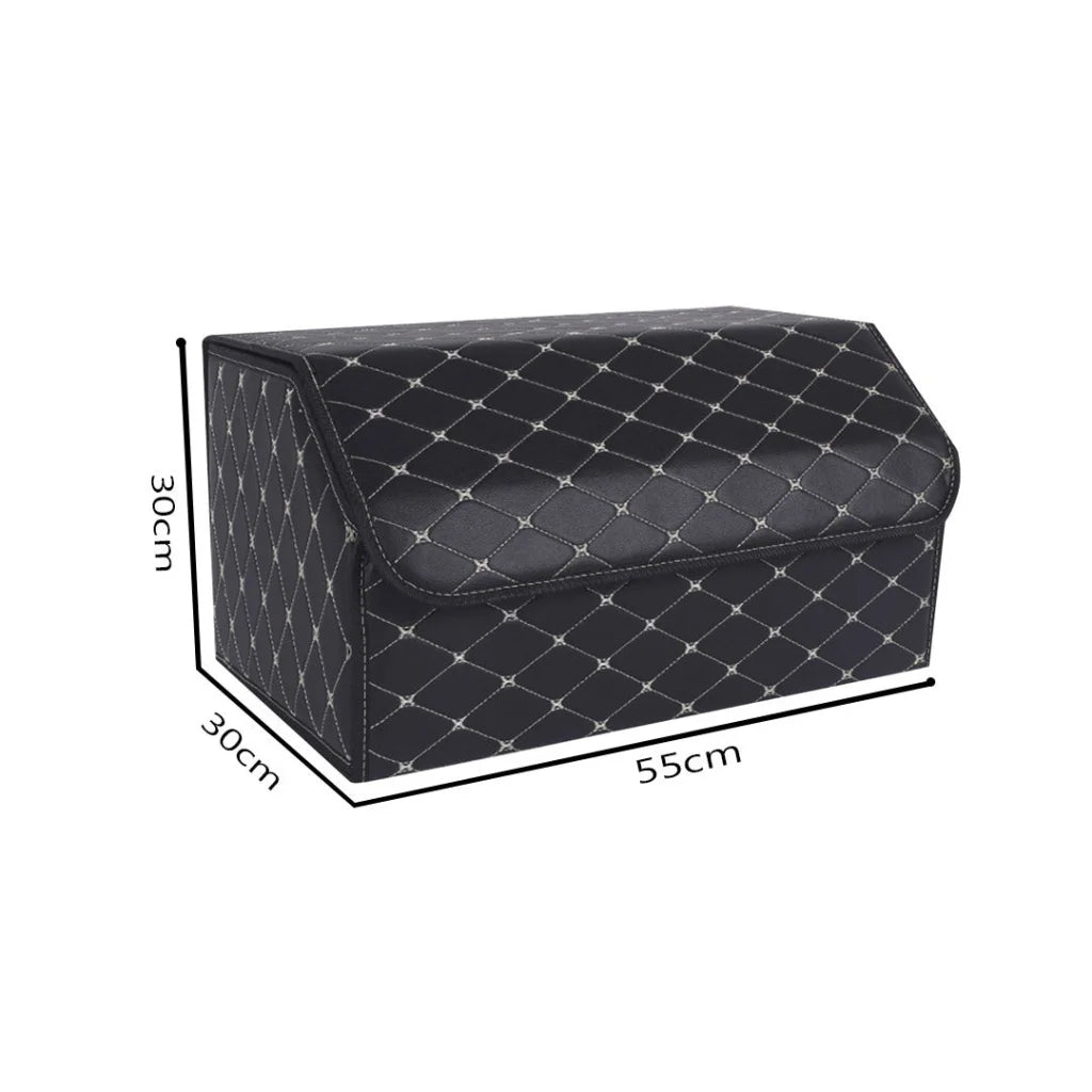 Car Boot Organizer Premium Leather Collapsible Foldable Trunk Cargo Storage Box - Black/Gold Stitch Large