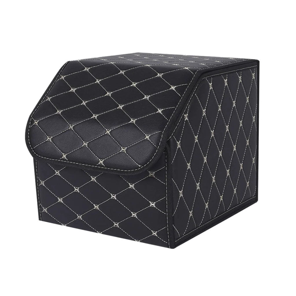 Car Boot Organizer Premium Leather Collapsible Foldable Trunk Cargo Storage Box - Black/Gold Stitch Small