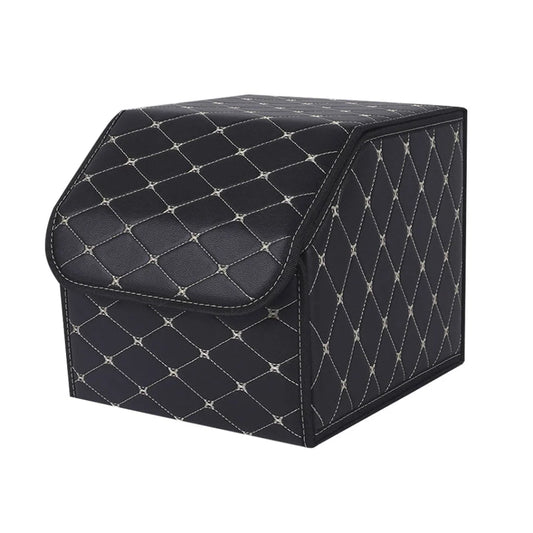 Car Boot Organizer Premium Leather Collapsible Foldable Trunk Cargo Storage Box - Black/Gold Stitch Small