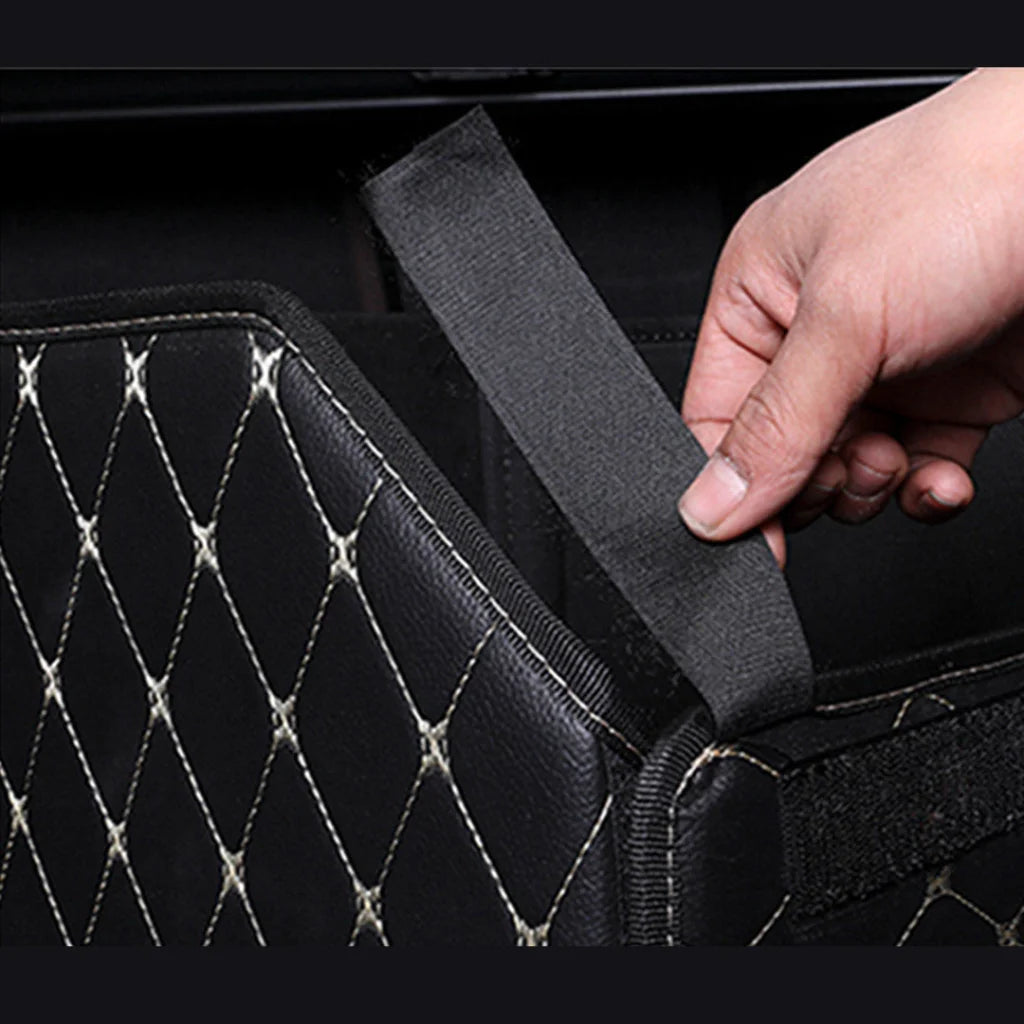 Car Boot Organizer Premium Leather Collapsible Foldable Trunk Cargo Storage Box - Black/Gold Stitch Small