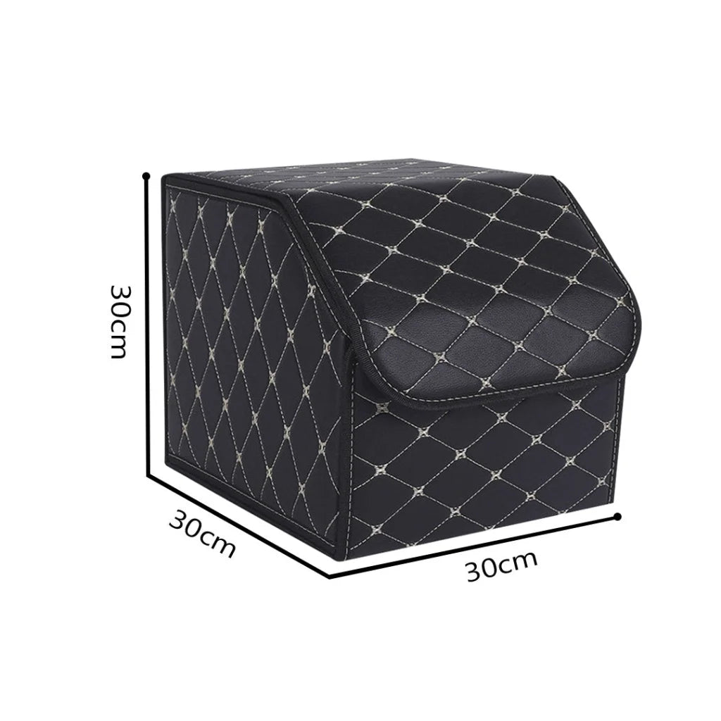 Car Boot Organizer Premium Leather Collapsible Foldable Trunk Cargo Storage Box - Black/Gold Stitch Small